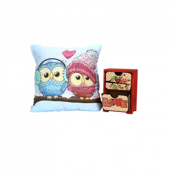 Aşık Baykuşlar Yastık Ahşap Şifonyer Hediye Seti