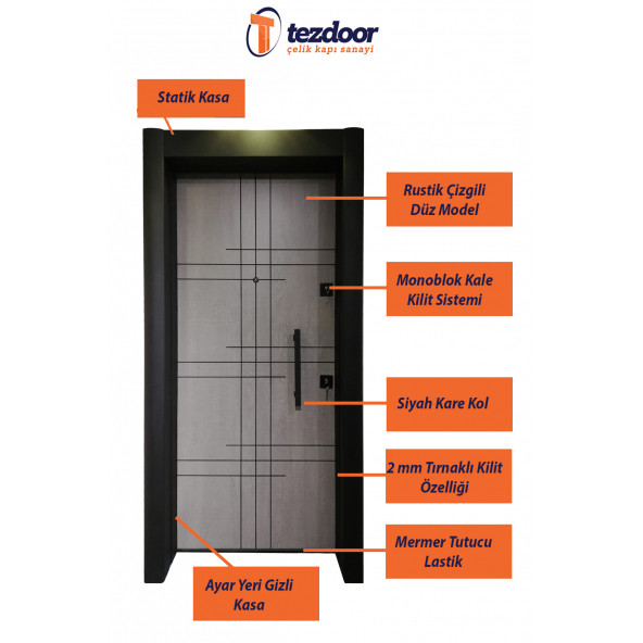 TEZ-1532 Statik Kasalı Rustik Çizgili Model Çelik Kapı, Daire Kapısı, Villa Kapısı - 2