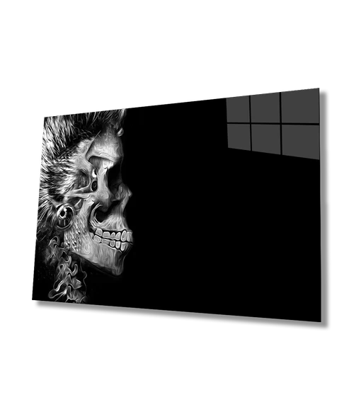 Siyah Beyaz Fütüristik Kurukafa Dekoratif ve Modern Cam Tablo  Futuristic Skull