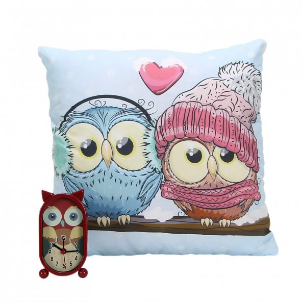 Aşık Baykuşlar Yastık Baykuş Kırmızı Saat