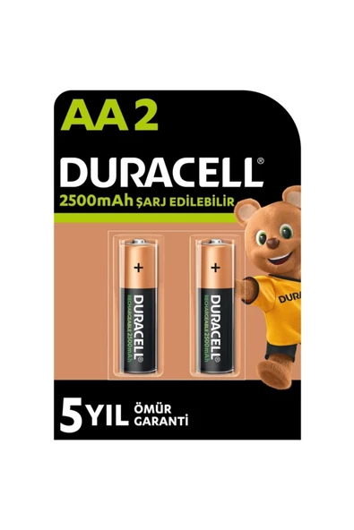 Duracell Şarj Edilebilir AA Kalem Pil (2’li Paket), 2500 mAh NiMH, önceden şarj edilmiş,