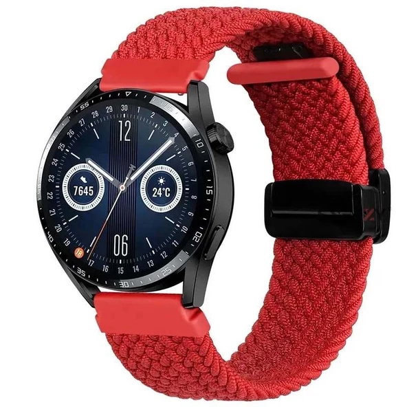 Sneezy Huawei Watch GT 3 Elegant Active 42mm Uyumlu 20mm FiberLink Manyetik Tokalı Kumaş Örgü Kordon  Kırmızı