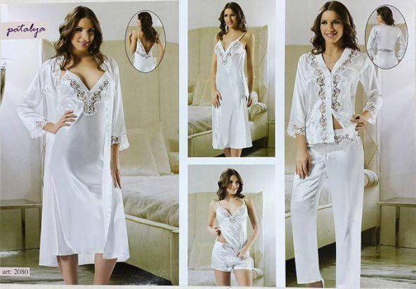 Papatya Fransız Güpür Gecelik Sabahlık Pijama Set 2080 - 1