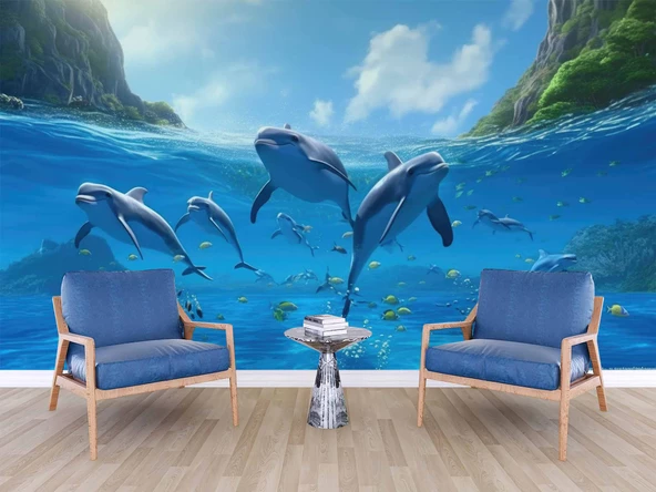 Deniz ve Yunus Balığı Sürüsü Manzaralı Duvar Kağıdı - Resim 5