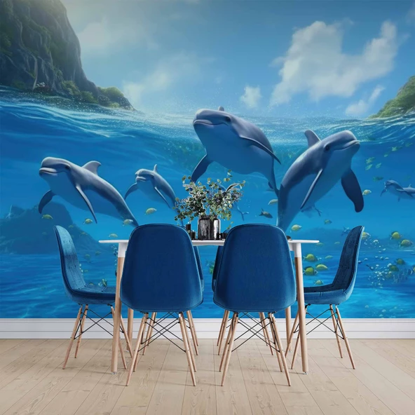 Deniz ve Yunus Balığı Sürüsü Manzaralı Duvar Kağıdı - Resim 4