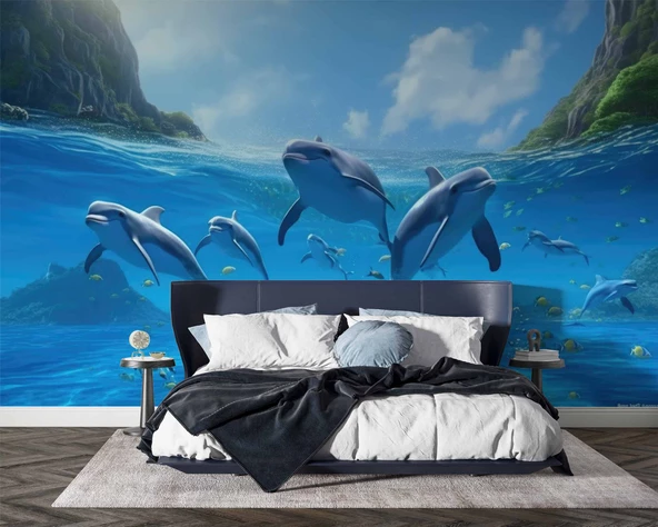 Deniz ve Yunus Balığı Sürüsü Manzaralı Duvar Kağıdı - Resim 2