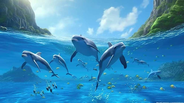 Deniz ve Yunus Balığı Sürüsü Manzaralı Duvar Kağıdı - Resim 6