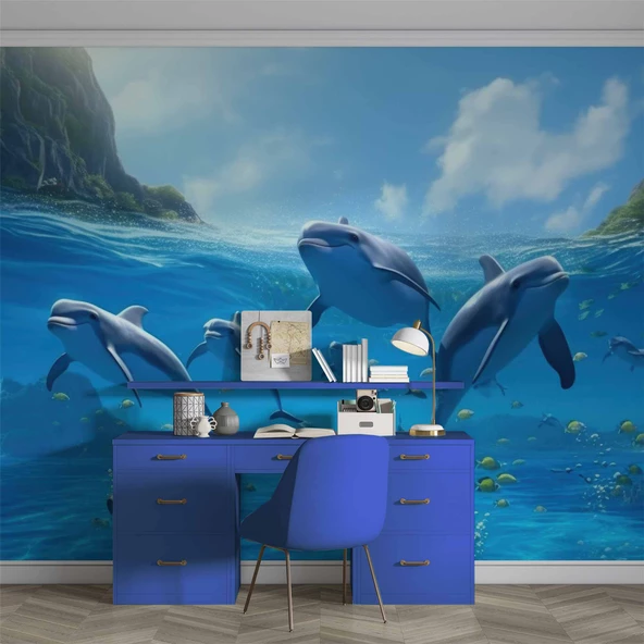 Deniz ve Yunus Balığı Sürüsü Manzaralı Duvar Kağıdı - Resim 3