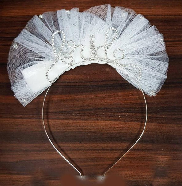 Bride Yazılı Gümüş Fiyonk Tüllü Taşlı Gelinlik Taç