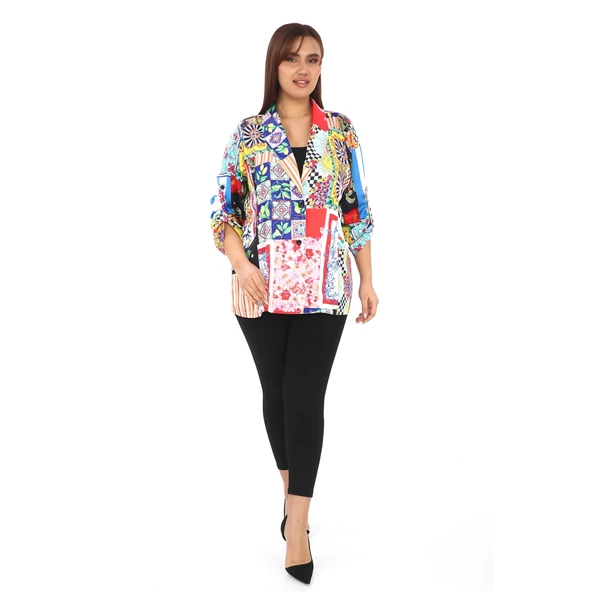 Tasarım Saten Ceket Büyük Beden Kadın Renkli 44708 - 2