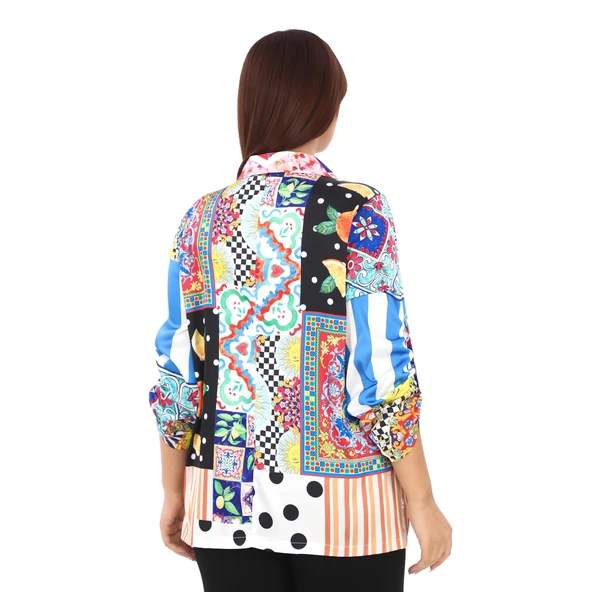 Tasarım Saten Ceket Büyük Beden Kadın Renkli 44708 - 3