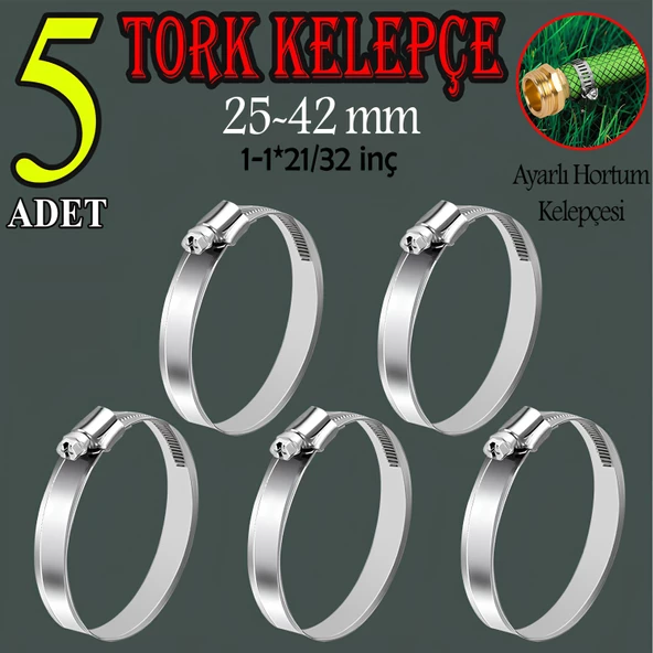 Hortum Kelepçesi Tork Ayarlı 25x42 mm Paslanmaz Çelik Boru Metal Kelepçe Ayarlanabilir klips  5 ADET