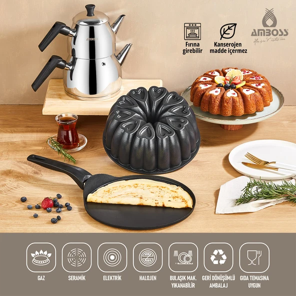 5 Parça Gün Seti Krep Tava Kek Kalıbı & Paslanmaz Çelik Çaydanlık ürün görseli 1