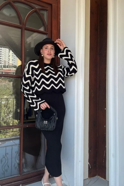 Desenli Bluz Elbise Kombinli Triko İkili Takım - 4