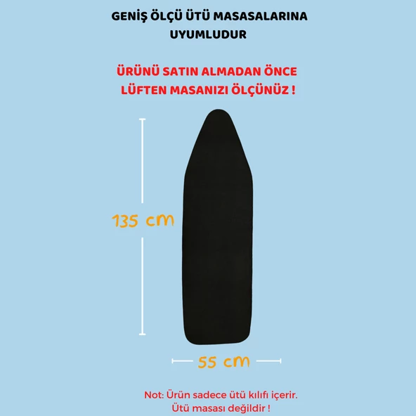 BEYLİNİ Ütü Masası Kılıfı Örtüsü Bezi Keçeli Süngerli Lastikli Yanmaz Ayarlanabilir Siyah 55x135 Cm - 7
