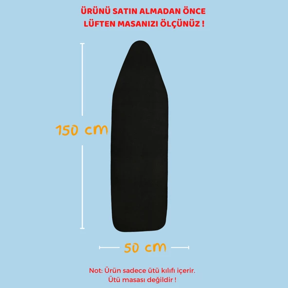 BEYLİNİ Ütü Masası Kılıfı Örtüsü Bezi Keçeli Süngerli Lastikli Yanmaz Ayarlanabilir Siyah 50x150 Cm - 6