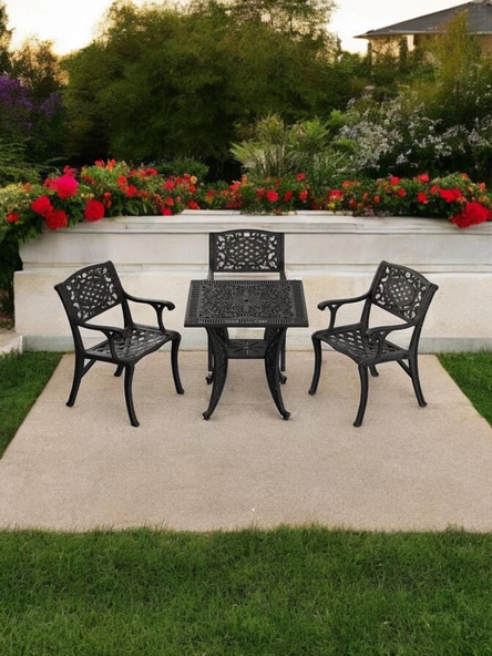 Ferforje görünümlü Plastik Kare Cunda Masa Sandalye Takımı 1 Masa 3 Sandalye Balkon, Bahçe Mobilyası - 21