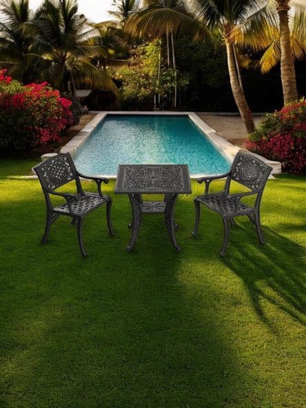 Ferforje görünümlü Plastik Kare Cunda Masa Sandalye Takımı 1 Masa 2 Sandalye Balkon, Bahçe Mobilyası - 8