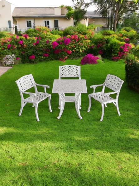 Ferforje görünümlü Plastik Kare Cunda Masa Sandalye Takımı 1 Masa 3 Sandalye Balkon, Bahçe Mobilyası - 14