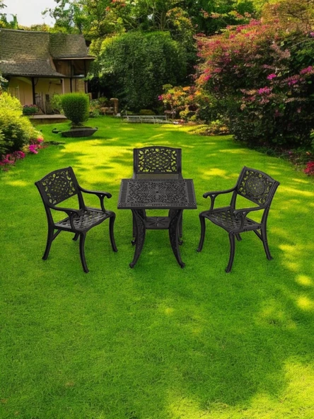 Ferforje görünümlü Plastik Kare Cunda Masa Sandalye Takımı 1 Masa 3 Sandalye Balkon, Bahçe Mobilyası - 19