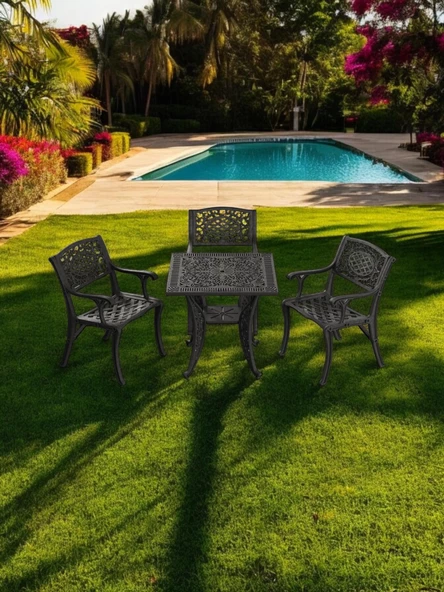 Ferforje görünümlü Plastik Kare Cunda Masa Sandalye Takımı 1 Masa 3 Sandalye Balkon, Bahçe Mobilyası - 20