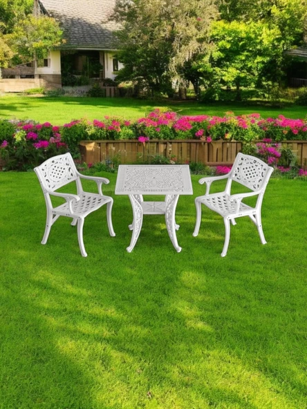 Ferforje görünümlü Plastik Kare Cunda Masa Sandalye Takımı 1 Masa 2 Sandalye Balkon, Bahçe Mobilyası - 2