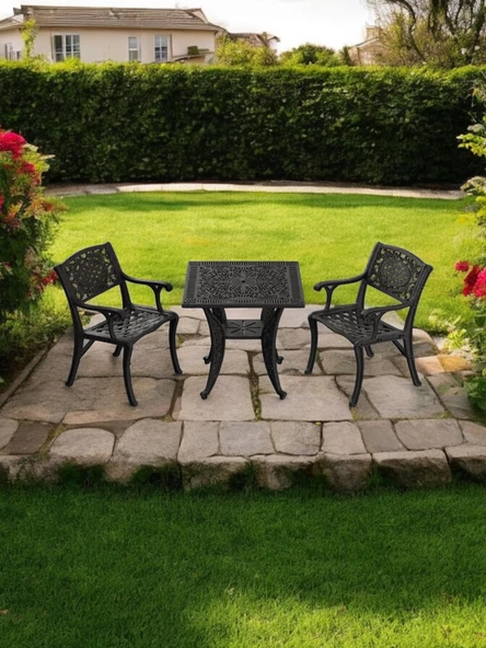 Ferforje görünümlü Plastik Kare Cunda Masa Sandalye Takımı 1 Masa 2 Sandalye Balkon, Bahçe Mobilyası - 10