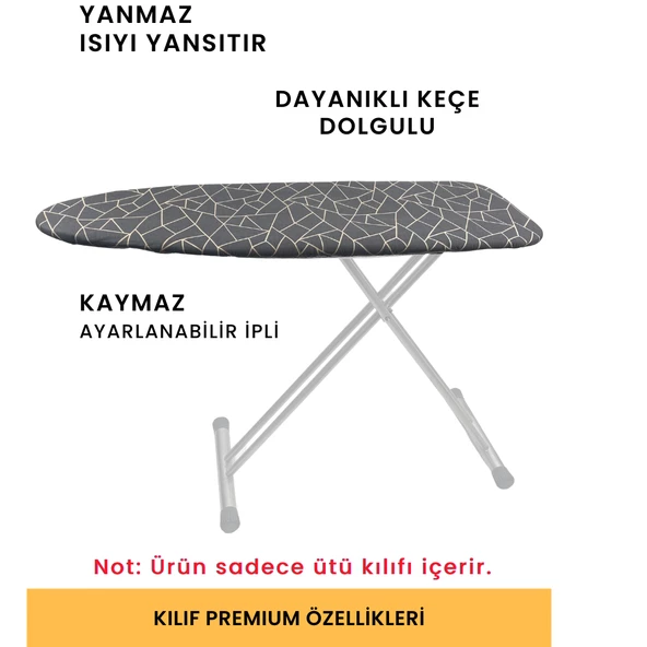 BEYLİNİ Ütü Masası Kılıfı Örtüsü Bezi Keçeli Süngerli Lastikli Yanmaz Ayarlanabilir Geometrik Gri 50x150 Cm - 4