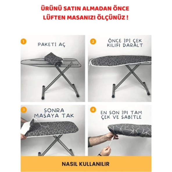 BEYLİNİ Ütü Masası Kılıfı Örtüsü Bezi Keçeli Süngerli Lastikli Yanmaz Ayarlanabilir Geometrik Gri 50x150 Cm - 3
