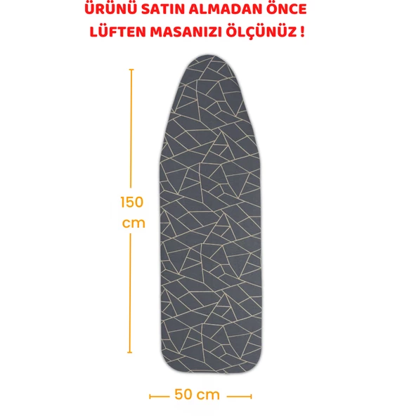 BEYLİNİ Ütü Masası Kılıfı Örtüsü Bezi Keçeli Süngerli Lastikli Yanmaz Ayarlanabilir Geometrik Gri 50x150 Cm - 6