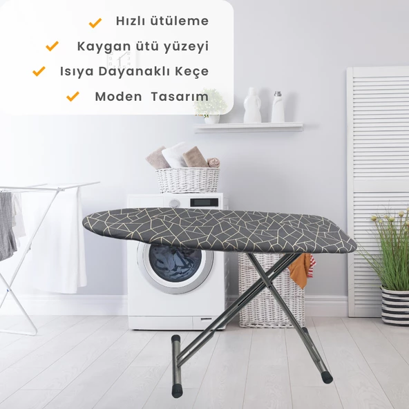 BEYLİNİ Ütü Masası Kılıfı Örtüsü Bezi Keçeli Süngerli Lastikli Yanmaz Ayarlanabilir Geometrik Gri 50x150 Cm - 5