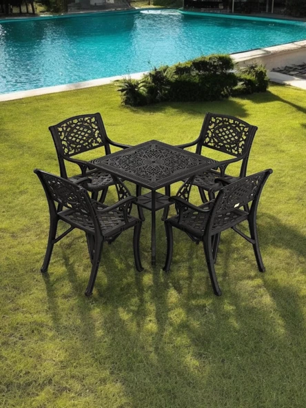 Ferforje görünümlü Plastik Kare Cunda Masa Sandalye Takımı 1 Masa 4 Sandalye Balkon, Bahçe Mobilyası - 7