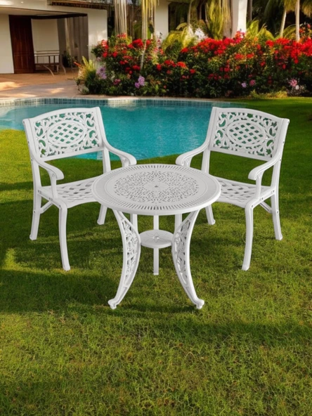 Ferforje görünümlü Plastik Yuvarlak Ø75 Cunda Masa Sandalye Takımı 1 Masa 2 Sandalye Balkon, Bahçe Mobilyası - 2