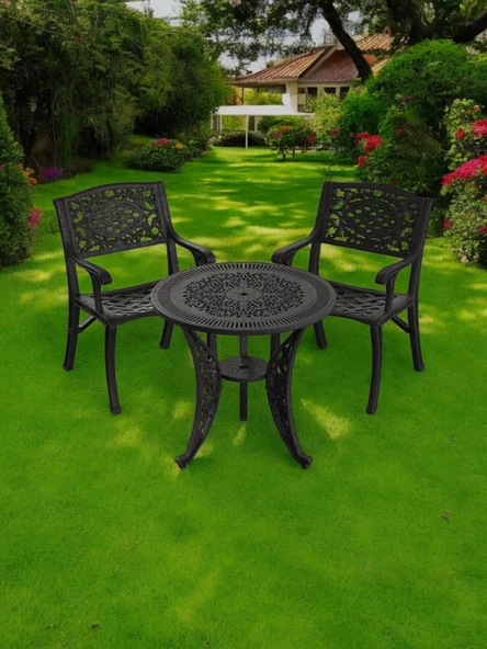 Ferforje görünümlü Plastik Yuvarlak Ø75 Cunda Masa Sandalye Takımı 1 Masa 2 Sandalye Balkon, Bahçe Mobilyası