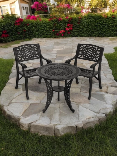 Ferforje görünümlü Plastik Yuvarlak Ø75 Cunda Masa Sandalye Takımı 1 Masa 2 Sandalye Balkon, Bahçe Mobilyası - 7