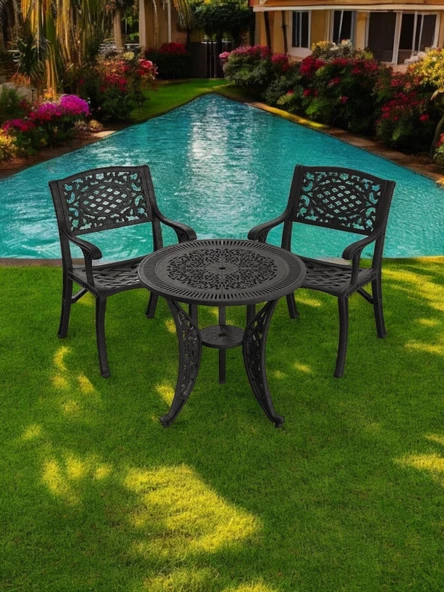 Ferforje görünümlü Plastik Yuvarlak Ø75 Cunda Masa Sandalye Takımı 1 Masa 2 Sandalye Balkon, Bahçe Mobilyası - 9