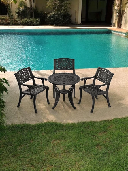 Ferforje görünümlü Plastik Yuvarlak Ø75 Cunda Masa Sandalye Takımı 1 Masa 3 Sandalye Balkon, Bahçe Mobilyası - 7