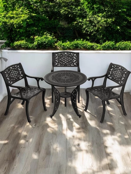 Ferforje görünümlü Plastik Yuvarlak Ø75 Cunda Masa Sandalye Takımı 1 Masa 3 Sandalye Balkon, Bahçe Mobilyası - 9