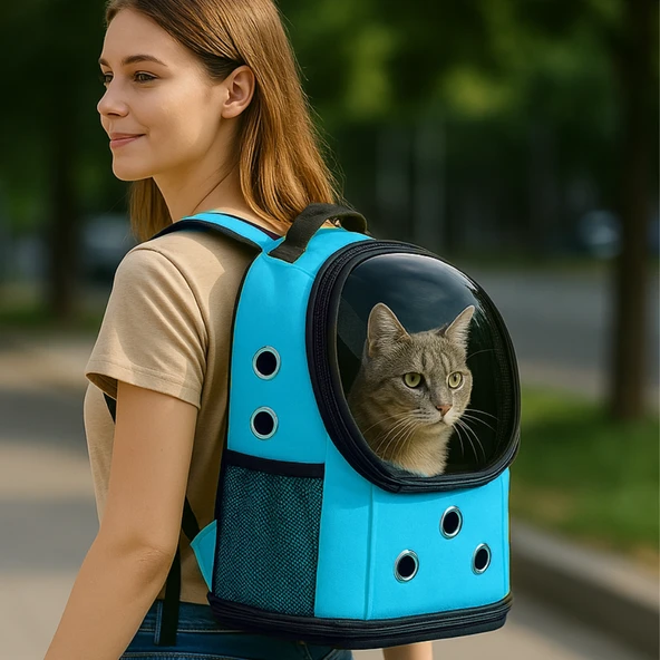 Yıkanabilir Şeffaf Kedi ve Köpek Taşıma Çantası 7 Hava Kanalı Fileli Ceplerle Pratik Kullanım Mavi - 4
