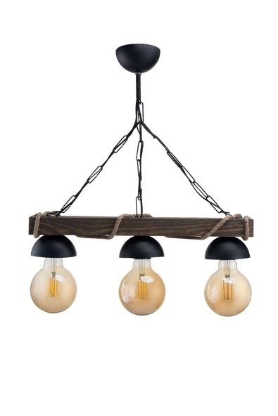 Doğal Ahşap 3 Lü Şapkalı Halatlı Rustik Tasarım Şık Avize KOYU RENK - 2