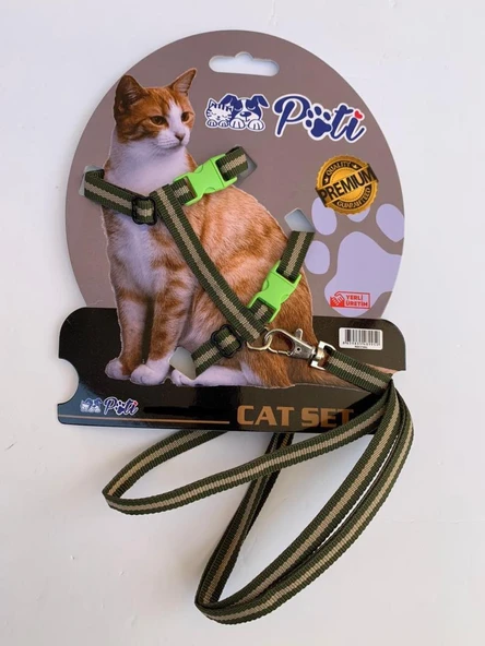 Pati Yavru Köpek ve Kedi Gezdirme Takım Tasması (Ayarlanabilir) Yeşil-Krem ürün görseli