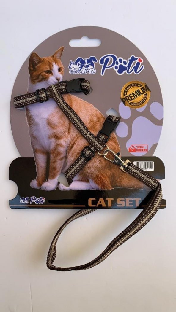 Pati Yavru Köpek ve Kedi Gezdirme Takım Tasması (Ayarlanabilir) Kahve-Krem Çizgili