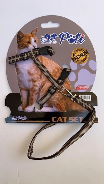 Pati Yavru Köpek ve Kedi Gezdirme Takım Tasması (Ayarlanabilir) Kahve-Krem Çizgili ürün görseli