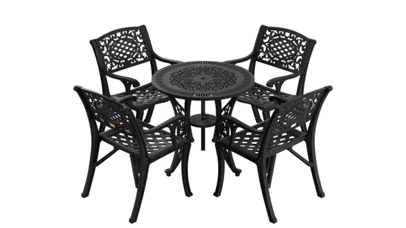 Ferforje görünümlü Plastik Yuvarlak Ø75 Cunda Masa Sandalye Takımı 1 Masa 4 Sandalye Balkon, Bahçe Mobilyası - 10