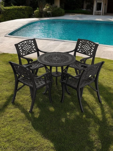 Ferforje görünümlü Plastik Yuvarlak Ø75 Cunda Masa Sandalye Takımı 1 Masa 4 Sandalye Balkon, Bahçe Mobilyası - 7