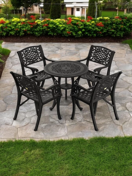 Ferforje görünümlü Plastik Yuvarlak Ø75 Cunda Masa Sandalye Takımı 1 Masa 4 Sandalye Balkon, Bahçe Mobilyası - 9