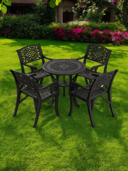 Ferforje görünümlü Plastik Yuvarlak Ø75 Cunda Masa Sandalye Takımı 1 Masa 4 Sandalye Balkon, Bahçe Mobilyası - 8