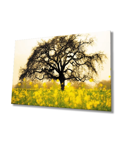 Sarı Çiçek  Ağaç Manzara Yeşil Dekoratif ve Modern Cam Tablo ürün görseli