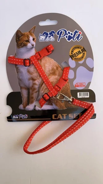 Pati Yavru Köpek ve Kedi Gezdirme Takım Tasması (Ayarlanabilir) Kırmızı Çizgili ürün görseli