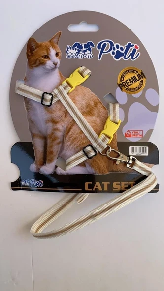 Pati Yavru Köpek ve Kedi Gezdirme Takım Tasması (Ayarlanabilir) Krem-Açık Kahve ürün görseli